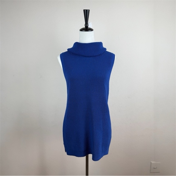 Talbots Women's Blue Sleeveless Turtleneck Sweater Tunic Top Size S Cotton Blend - Picture 2 of 10